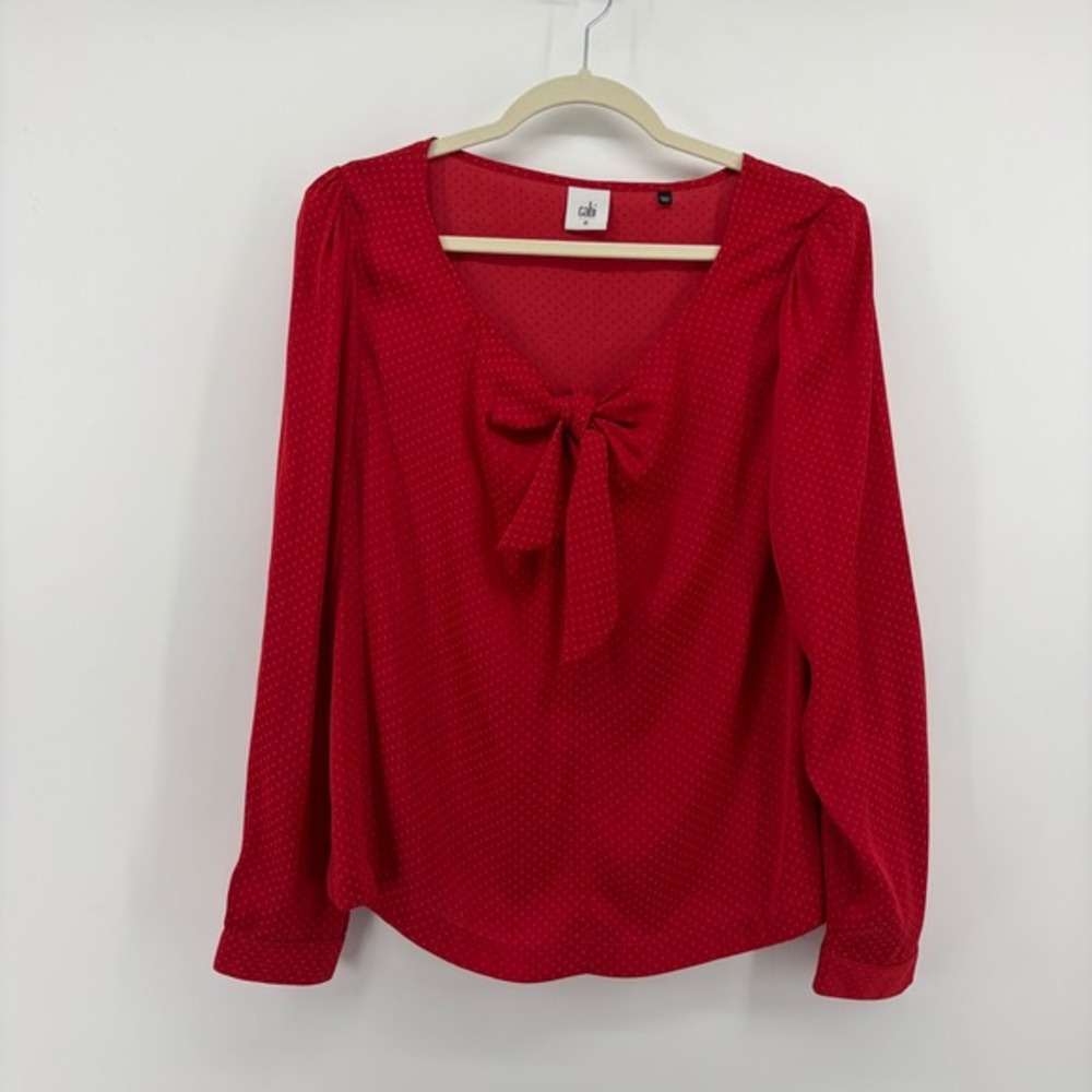 Cabi Bow Front Dobby Dot Blouse‎ Red Womens Size M Long Sleeve V-Neck Top